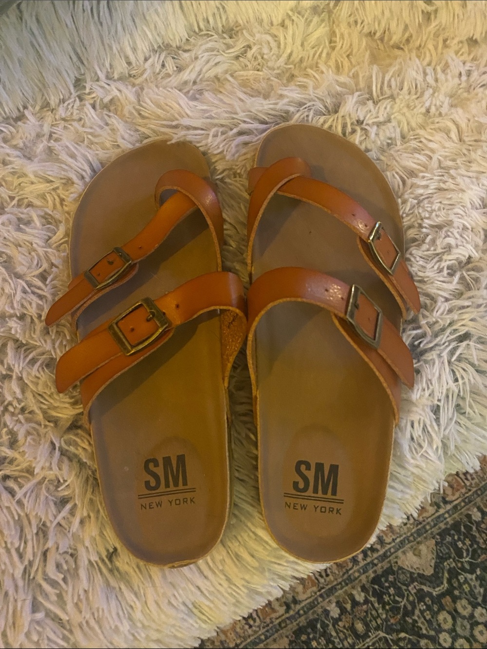 SM New York Cognac Double Buckle Slide Sandals